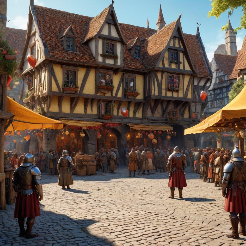 A bustling medieval town square filled with lively characters, players in armor, wizards casting spells, and traders exchanging goods. Noticeable forums boards on the side with animated discussions, a crowd gathered around a noticeboard with updates, and a vibrant festival event happening with balloons and banners. The scene is rich in detail, capturing the essence of community. 3D. vibrant colors. super-realistic.