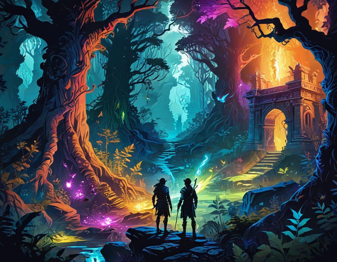 An epic fantasy scene featuring a brave adventurer exploring a mystical forest filled with ancient ruins and magical creatures. The adventurer is holding a glowing map, with intricate details surrounding Tibia quests and strategies. In the background, a friendly community of elves and wizards engage in thoughtful discussions. vector art. vibrant colors.