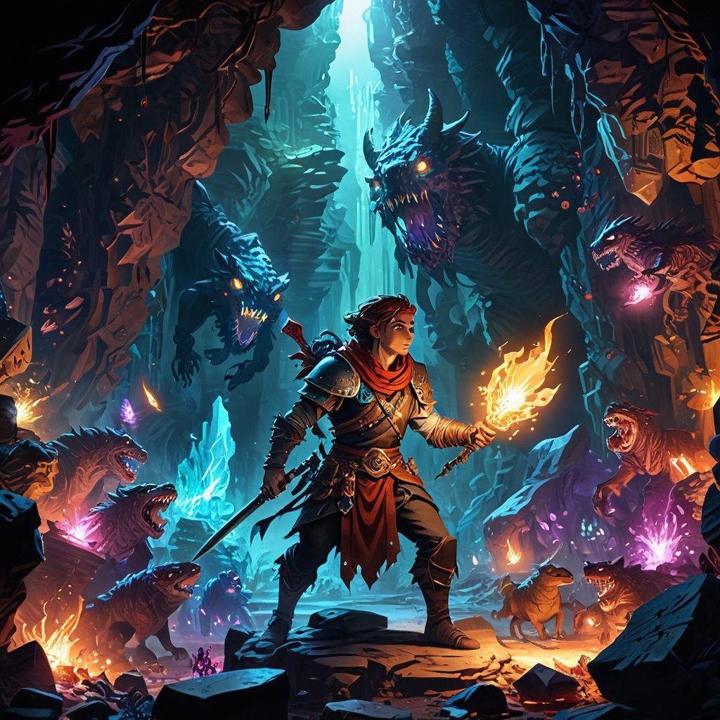 An ancient, mystical cavern filled with glowing crystals, ancient artifacts, and mysterious spell books scattered around. Bloodthirsty monsters lurk in the shadows, while a brave adventurer wields powerful spells to fend them off. The atmosphere is a mix of dark and enchanting with intricate details. super-realistic. vibrant colors.